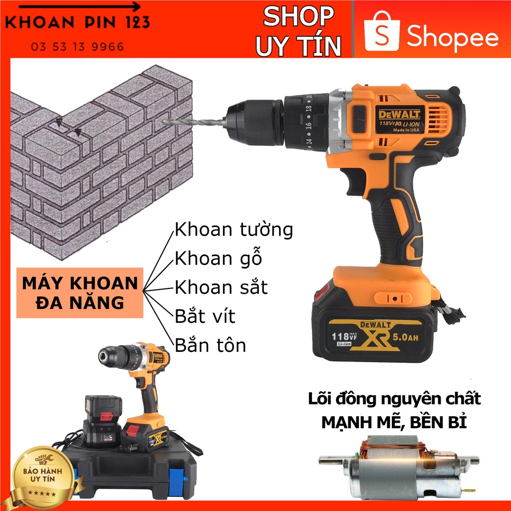 Máy khoan búa đa năng đầu 13mm dùng pin Dewalt BỘ 2 PIN lõi đồng bảo hành 6 tháng