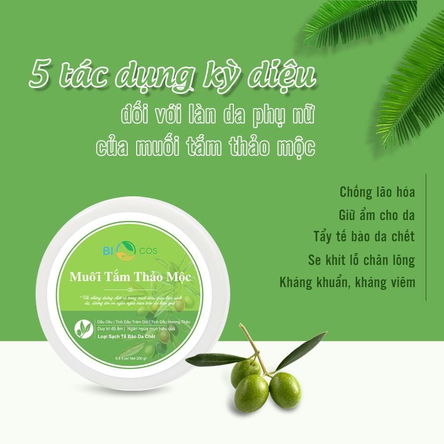 Muối tắm thảo mộc Biocosmetic, date mới, hỗ trợ giảm viêm chân lông, mụn lưng, rôm xảy, hăm tã......