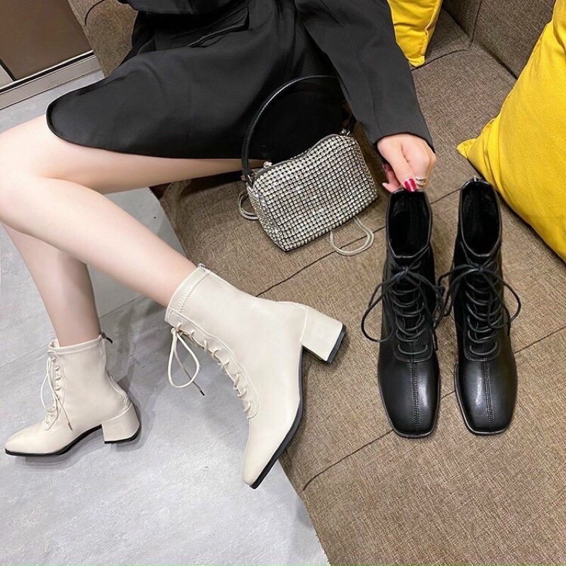 Giày bốt nữ Cổ lửng nhiều dây Cao Cấp - boots nữ đế cao 8cm gót vuông 2 loại da