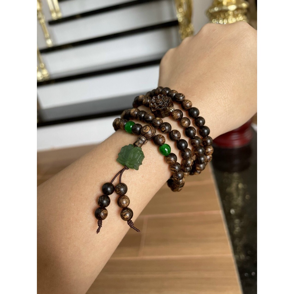 Vòng Đeo Trầm Hương 108 Hạt Mix Charm Hoa Sen Đá - Trầm Hương tốc vườn VTTH72