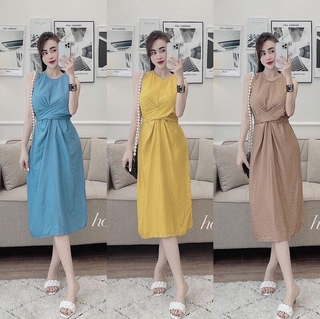 Cực xinh xắn Váy đũi sát nách cổ tròn rúm buộc dây eo #HOTTREND