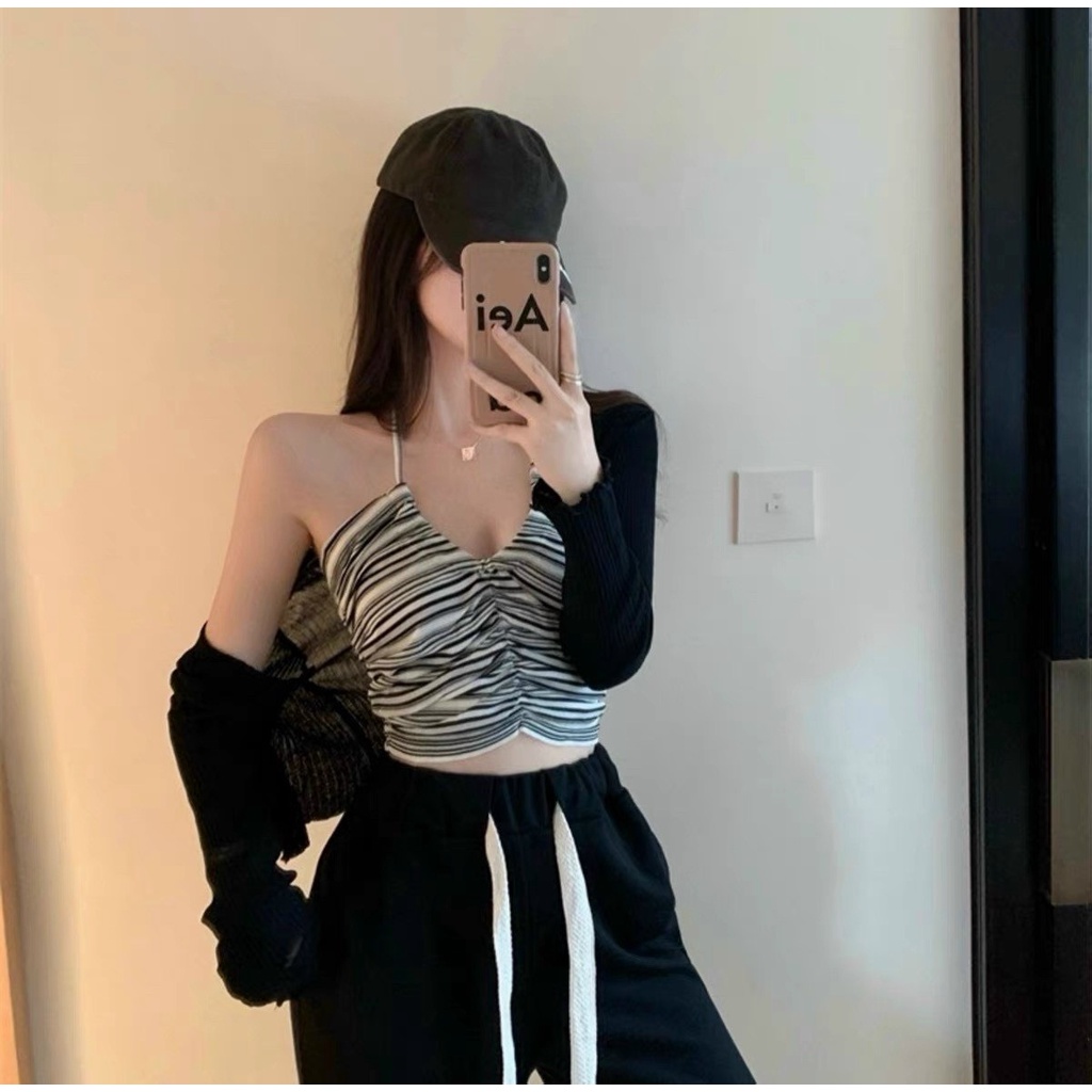 Set áo yếm kẻ ngang kèm áo choàng cardigan mỏng lửng