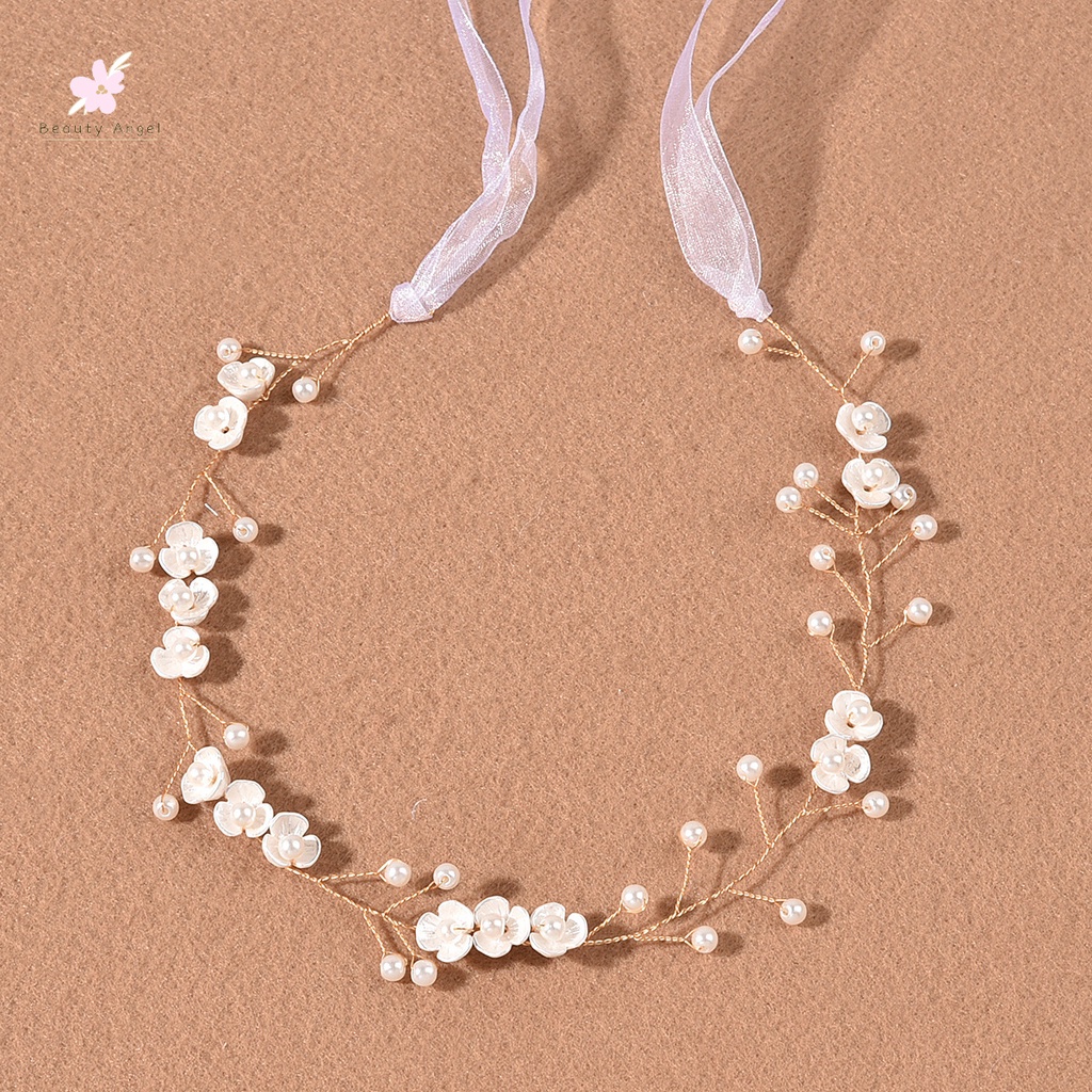 Băng Đô Cài Tóc Đính Ngọc Trai Có Dây Ruy Băng Cho Cô Dâu