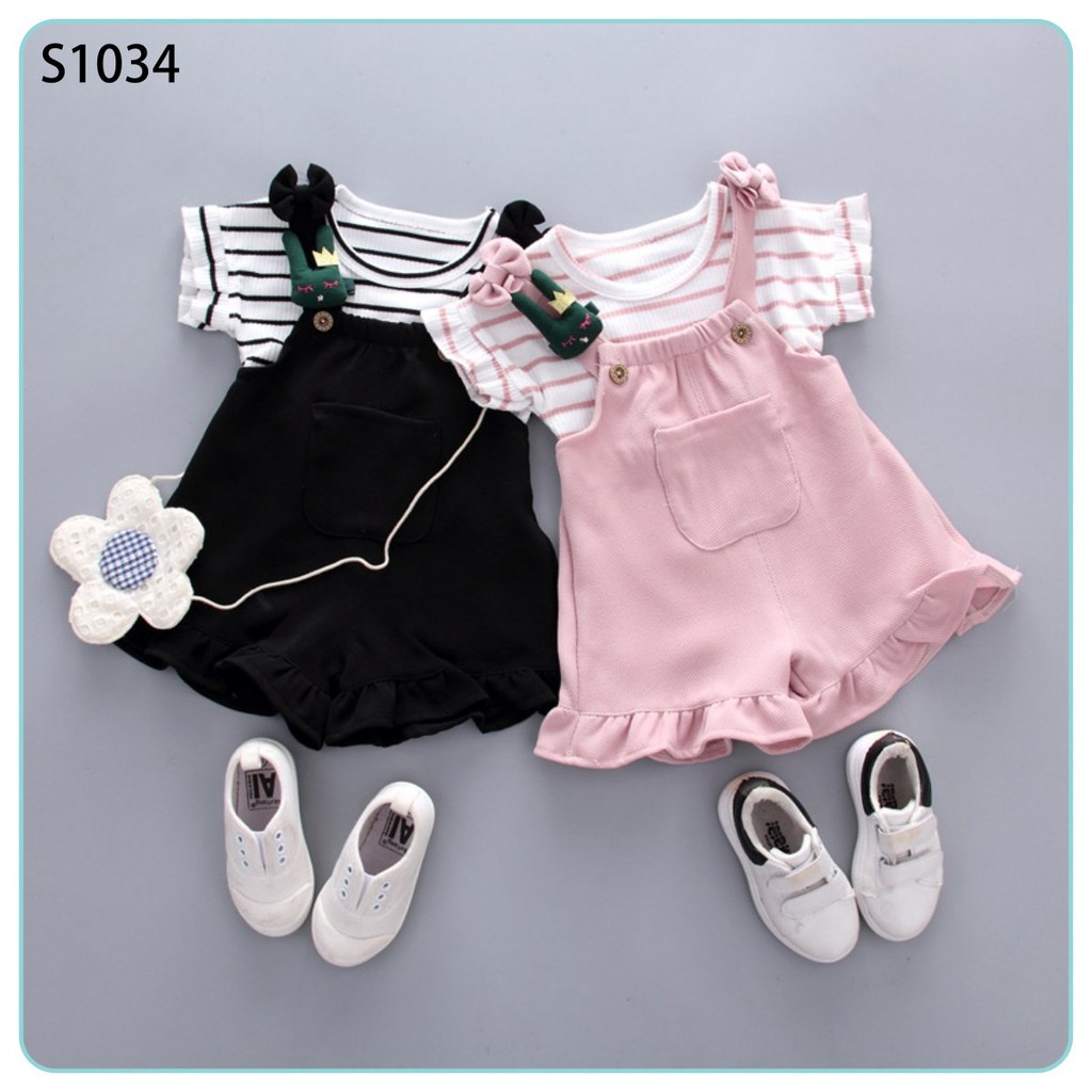 Set áo thun sọc ngang quần yếm 2 màu hồng đen dễ thương cho bé gái từ 6 9 12 tháng 1 tuổi 2 tuổi
