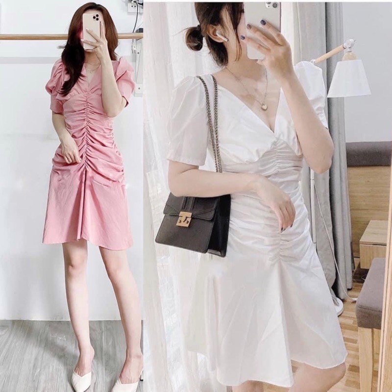 Đầm suông trắng cổ V nhún ngực tay ngắn chất liệu lụa có lót