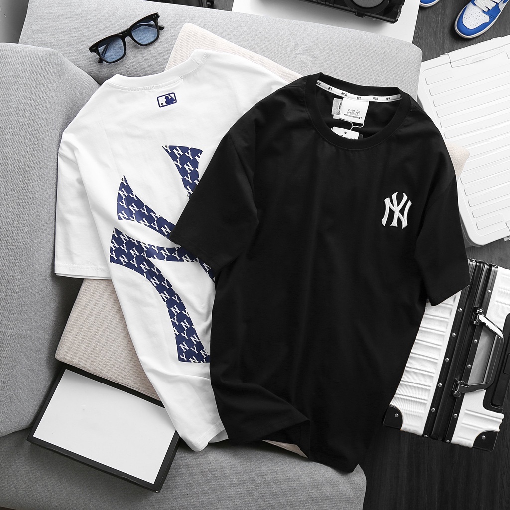 Áo thun cổ tròn MLB thêu NY MẶT TRƯỚC màu trắng đen vải thun cotton 4 chiều có big size DCXK0004 - DECE