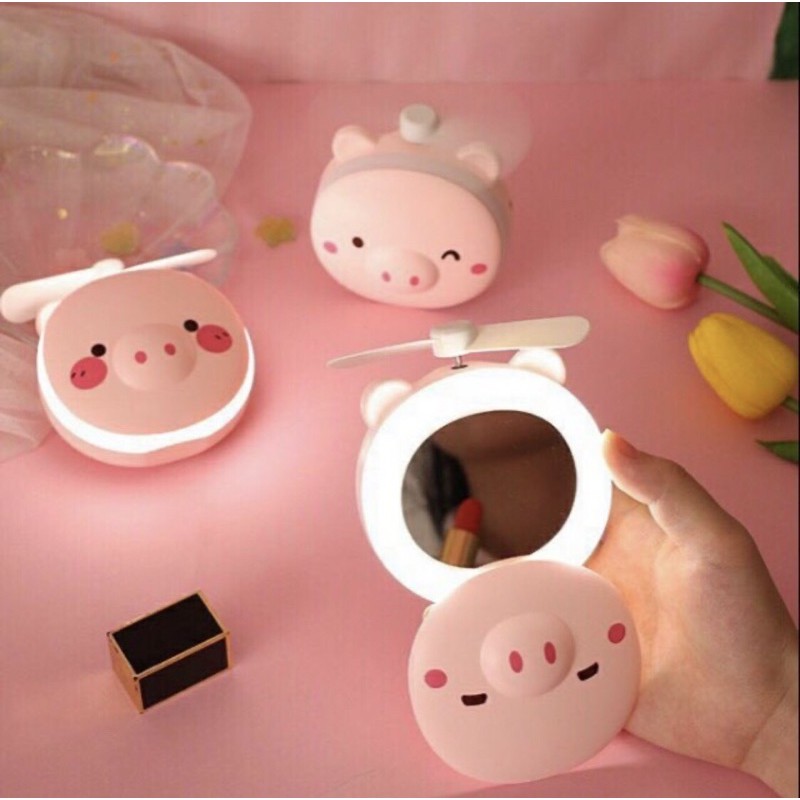 Quạt heo 3 in 1, có gương và đèn LED dùng pin sạc, bỏ túi mang đi