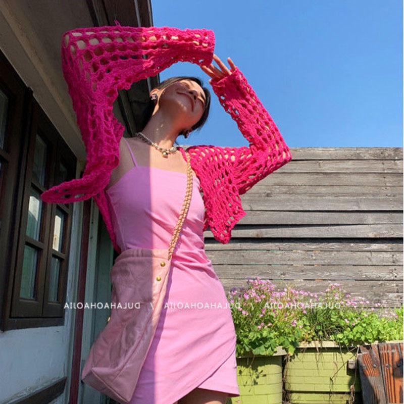 Áo croptop QKOOLE dệt kim tay dài dáng rộng chống nắng phong cách Hàn Quốc dành cho nữ