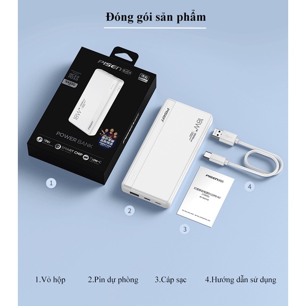 Sạc Dự Phòng PISEN 18W PD QC3.0 10000mAh Sạc Nhanh Samsung, Xiaomi, Iphone, Ipad, Huawei...