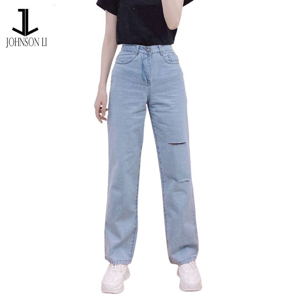 Quần baggy jean nữ cao cấp, lưng cao,màu xanh jean bạc cắt rách nhiều, quần jean nữ  LB202 JL JohnsonLi