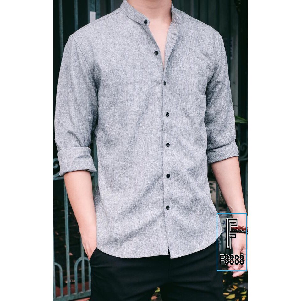 Áo sơ mi nam dài tay công sở hàn quốc cổ Trụ F8888 Màu Xám Tiêu Sáng