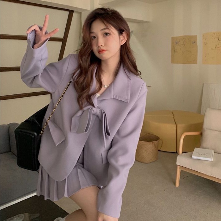 Chân váy xếp ly Perty / Áo khoác Perty thắt nơ phong cách Hàn Quốc dành cho nữ