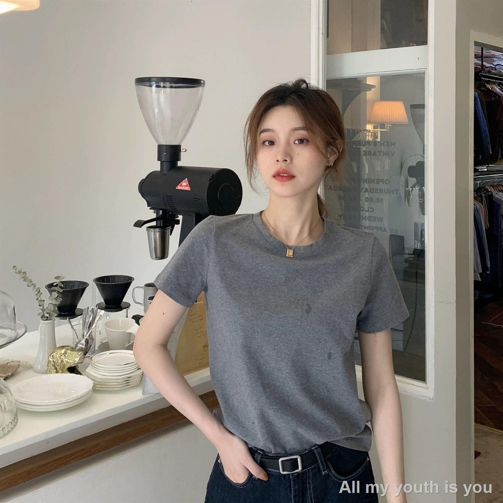 [Spot real shot 💕]áo sơmi nữ♀▥◑T-shirt female spring, autumn and winter sanding, heavy industry, hot drilling, short-sleeved bottoming, Korean style trendy loose half-sleeved top