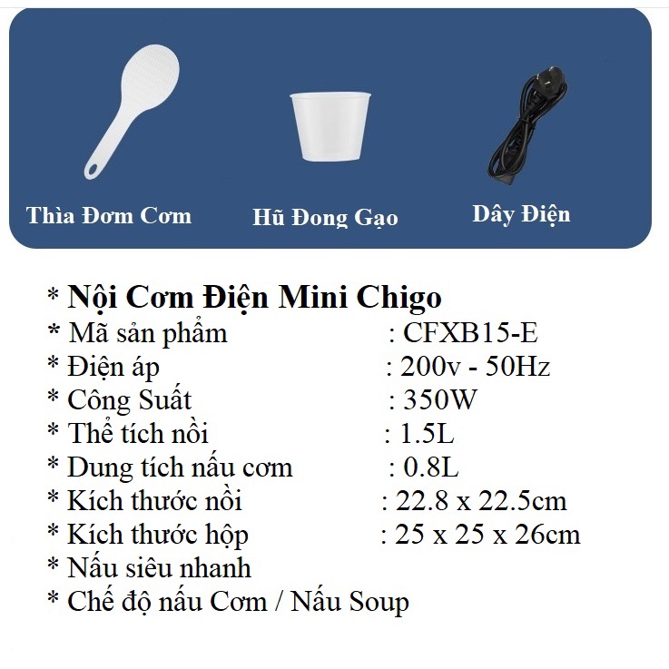 Nồi cơm điện mini Chigo 0.8L dùng cho 1-2 người ăn với 2 chế độ Nấu Cơm / Nấu Cháo vô cùng tiện lợi - CFXB15E