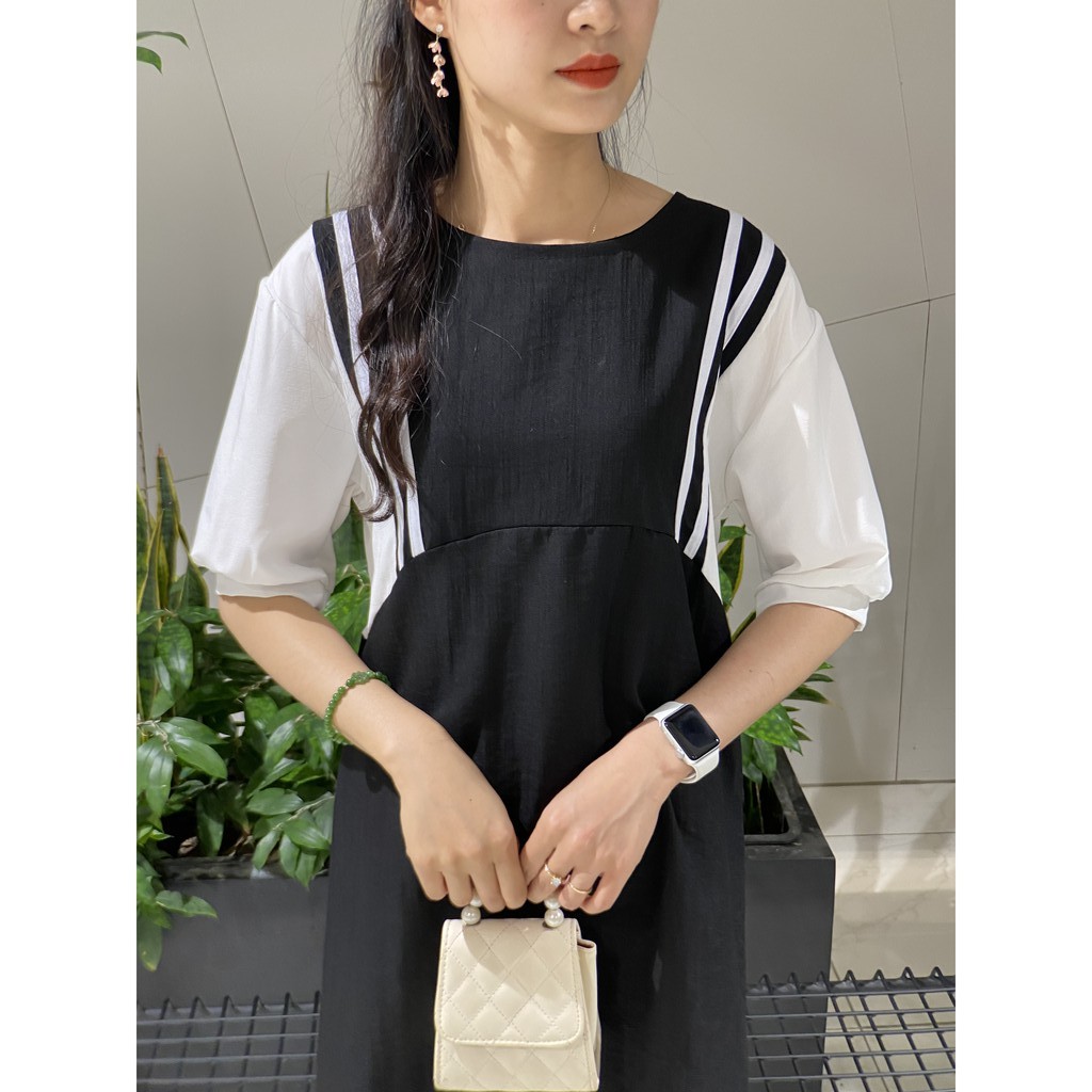 Váy bầu Dáng Suông Dài Tay Lỡ Phối Viền Chất Đũi Phong Cách