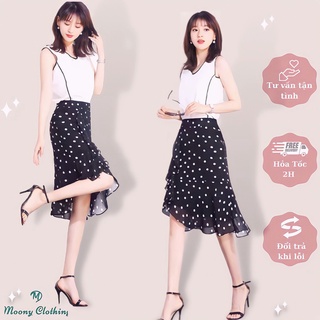 Chân Váy Chấm Bi Đuôi Cá Dáng Dài Qua Gối Công Sở Màu Đen. Vải voan mềm nhẹ, bay dáng. Size từ 40 - 65kg Kèm ảnh thật