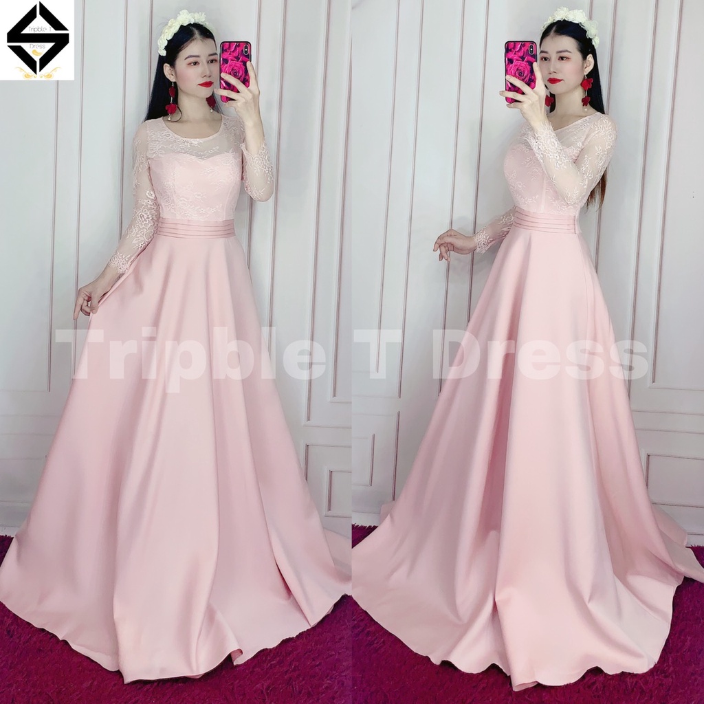 Đầm maxi dự tiệc mặc cưới tay dài phối ren cùng chất lụa taffeta sang trọng TRIPBLE T DRESS - size M/L - MS307V