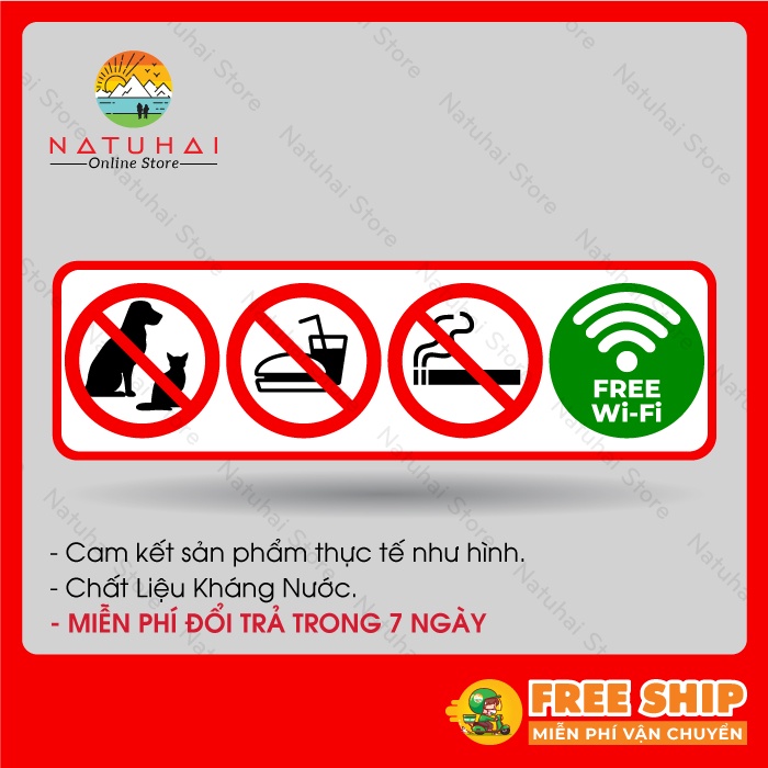 Decal dán cửa ra vào 4 logo cấm thú cưng, cấm mang đồ ăn, cấm hút thuốc, wifi miễn phí chất liệu kháng nước, bền màu