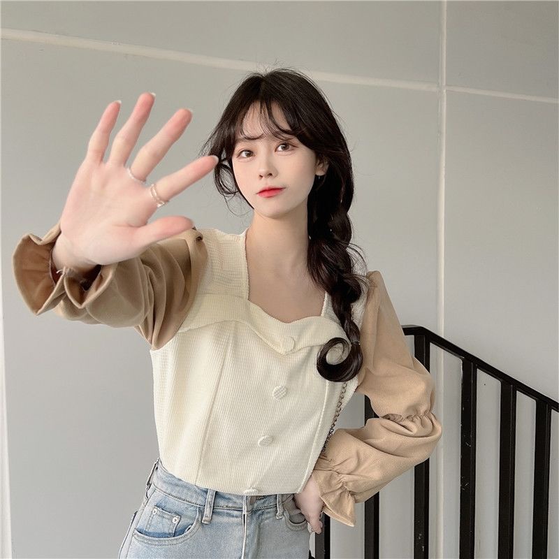 Áo Sơ Mi Nữ Cổ Vuông Tay Dài Kiểu Retro Mới