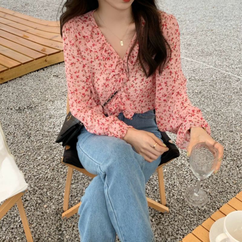 Áo Sơ Mi Nữ Tay Dài Cổ Bèo Hoa Nhí Cực Xinh Ulzzang
