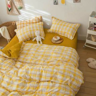 Cotton poly bộ chăn ga gối caro vàng