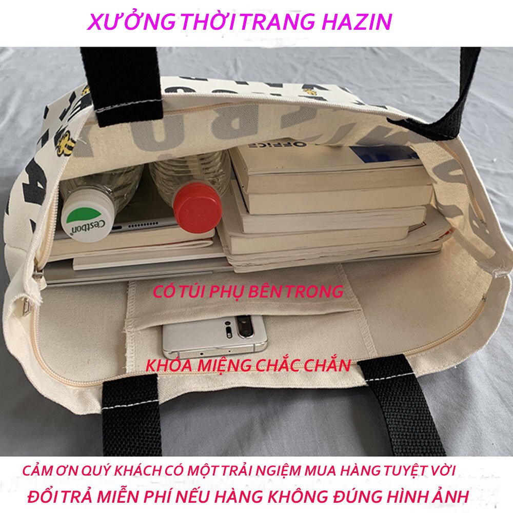 Túi tote Vải canvas họa tiết nhiều hình Cực Hot có khóa miệng đựng vừa a4 tặng quà xinh