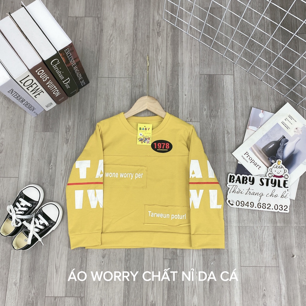 Áo nỉ thu đông da cá &quot;WORRY PER&quot; 14-45kg dành cho bé trai 4-14 tuổi. Thiết kế đẹp, vải dày dặn. B43