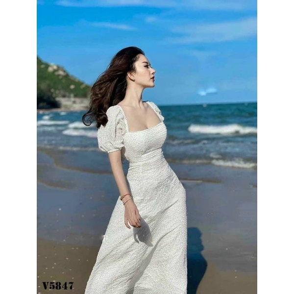 ĐẦM MIDI TRẮNG HOA NỔI CUT OUT LƯNG (Ảnh thật trải sàn)
