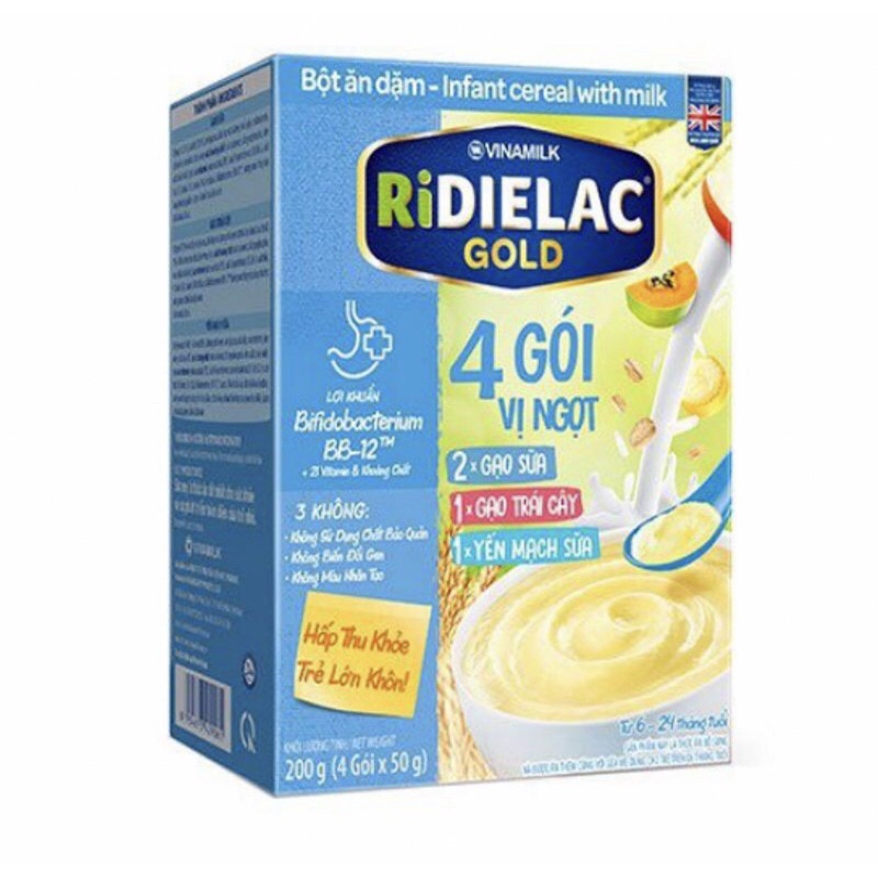 Bột Ăn Dặm Ridielac Gold Gà Rau Củ/ heo bó xôi/ yến mach sữa/ vị ngọt/ gạo và trái cây/ cá hồi bônh cải xanh/vị mặn 200g