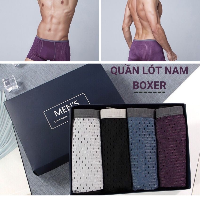 Quần sịp đùi thông hơi thoáng mát dạng lưới, quần lót nam boxer kháng khuẩn co dãn 4 chiều vải cotton Hộp 4 cái Angola