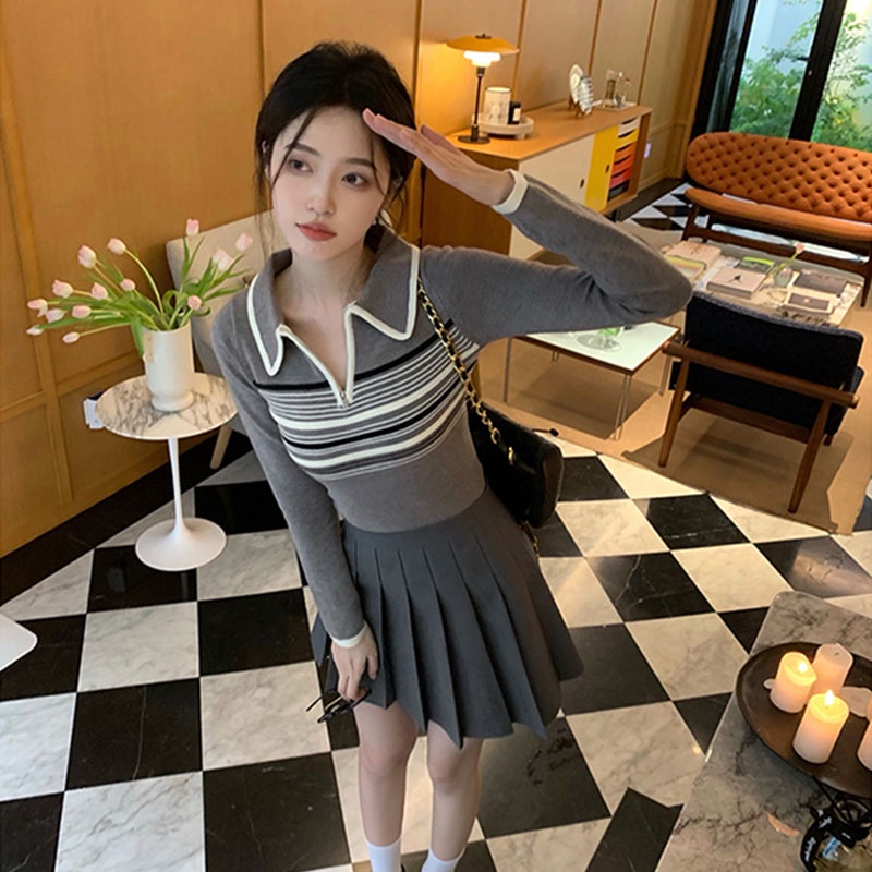 Áo Dệt Kim Tay Dài Dáng Ôm Họa Tiết Kẻ Sọc Thời Trang Hàn Quốc Cho Nữ