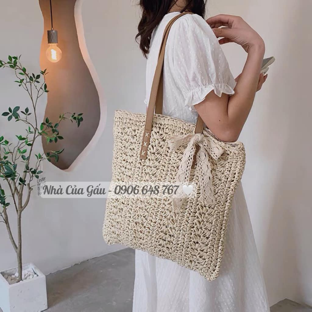 Túi cói dây da form to mix nơ ren xinh như tiểu thư luôn