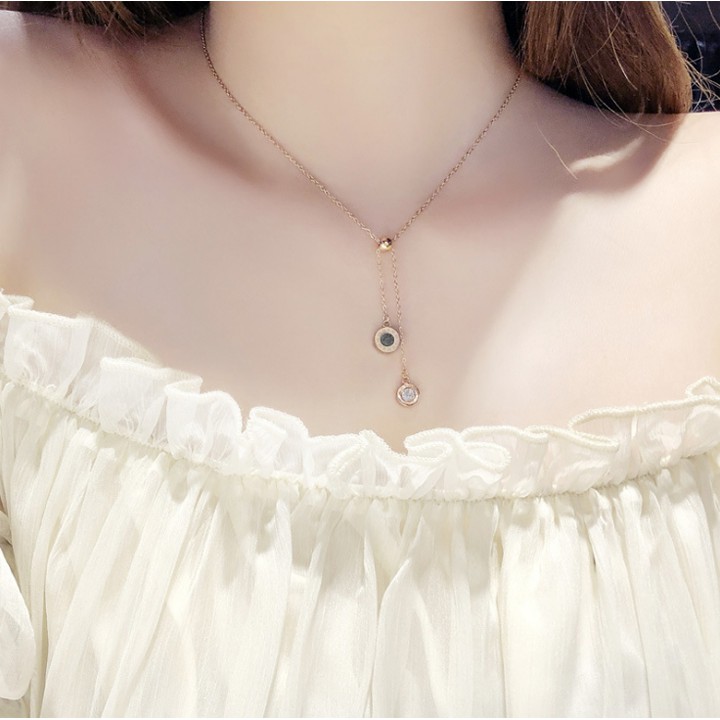 Dây chuyền titan nữ rớt la mã hình tròn đính đá cách điệu siêu đẹp, bền màu, chuẩn thời trang