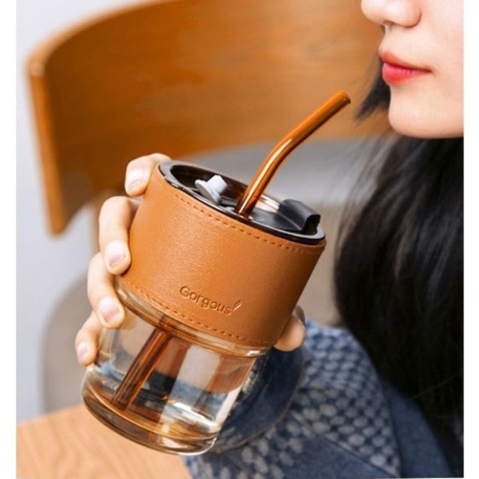 Cốc, ly thủy tinh bọc da 450ml kèm ống hút, chống bỏng chống rò rỉ cách nhiệt tốt