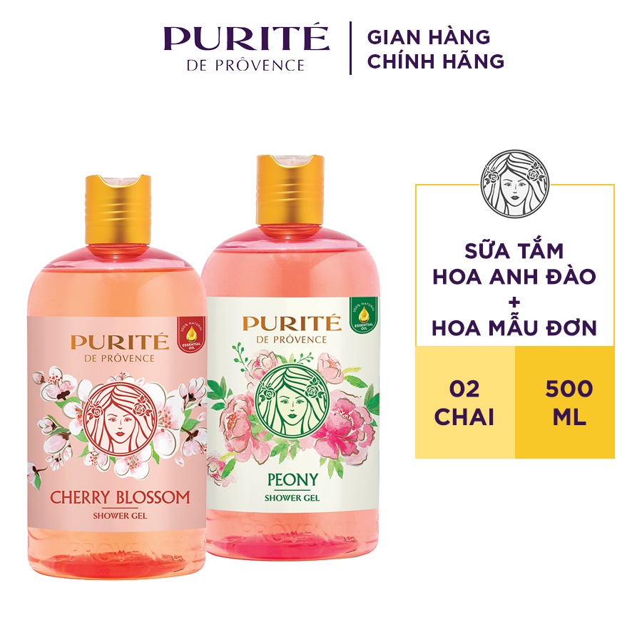 Combo Sữa Tắm Sáng Mịn Hoa Anh Đào Purité 500ml/chai + Sữa Tắm Thiên Nhiên Hoa Mẫu Đơn Purité 500ml/chai