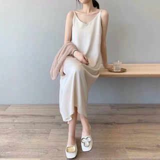 Váy suông 2 dây lụa xẻ QC - kèm ảnh thật