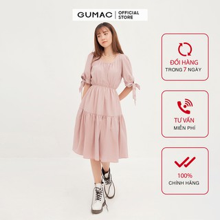 Đầm suông nữ GUMAC cổ nhún eo chun, form rộng đáng yêu màu hồng DA1269