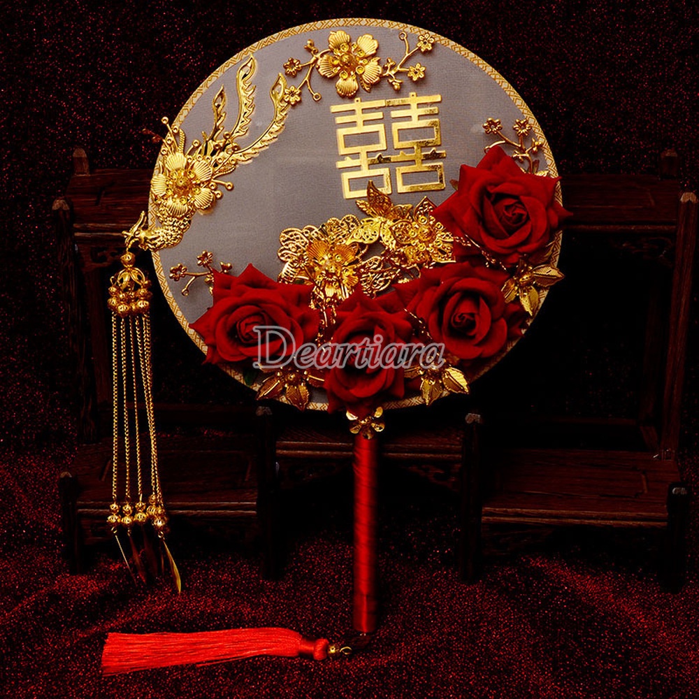 Quạt Cầm Tay Cô Dâu Màu Vàng Đỏ Phong Cách Vintage
