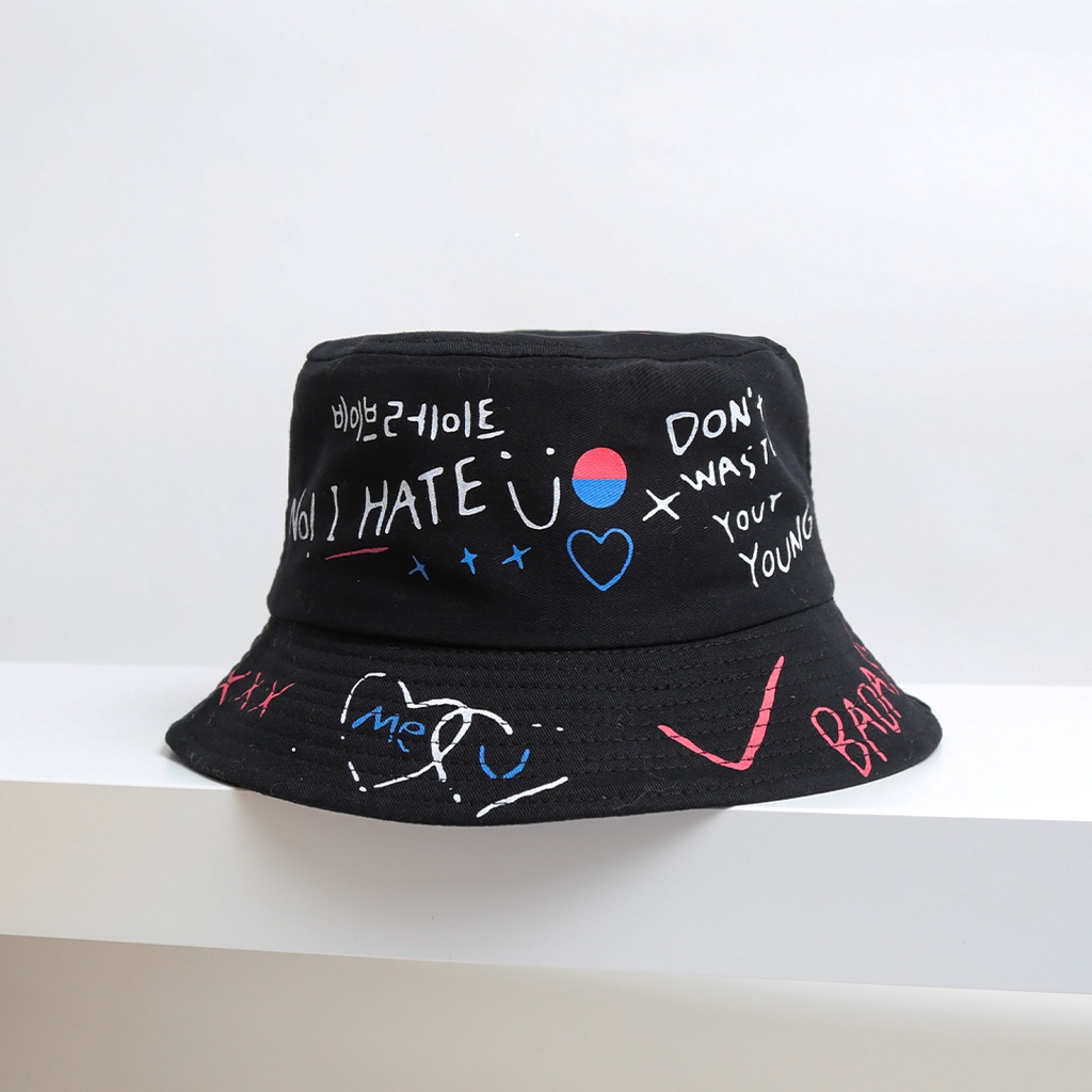 Mũ bucket graffiti phong cách Hàn Quốc, nón tai bèo vành tròn rộng form unisex nam nữ nhiều màu - B02