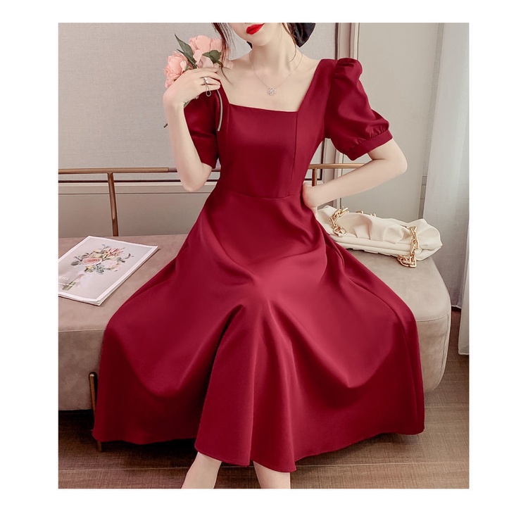 Đầm Dự Tiệc Dáng Dài Cổ Vuông Màu Đỏ Chiết Eo Kiểu Retro Pháp Dễ Thương