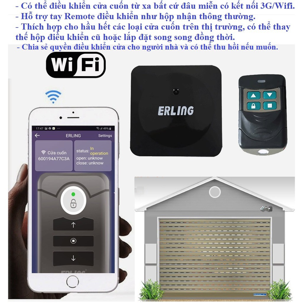 Bộ điều khiển cửa cuốn qua điện thoại - wifi - app ERLING - Hộp nhận cửa cuốn wifi thông minh - Phụ kiện cửa cuốn