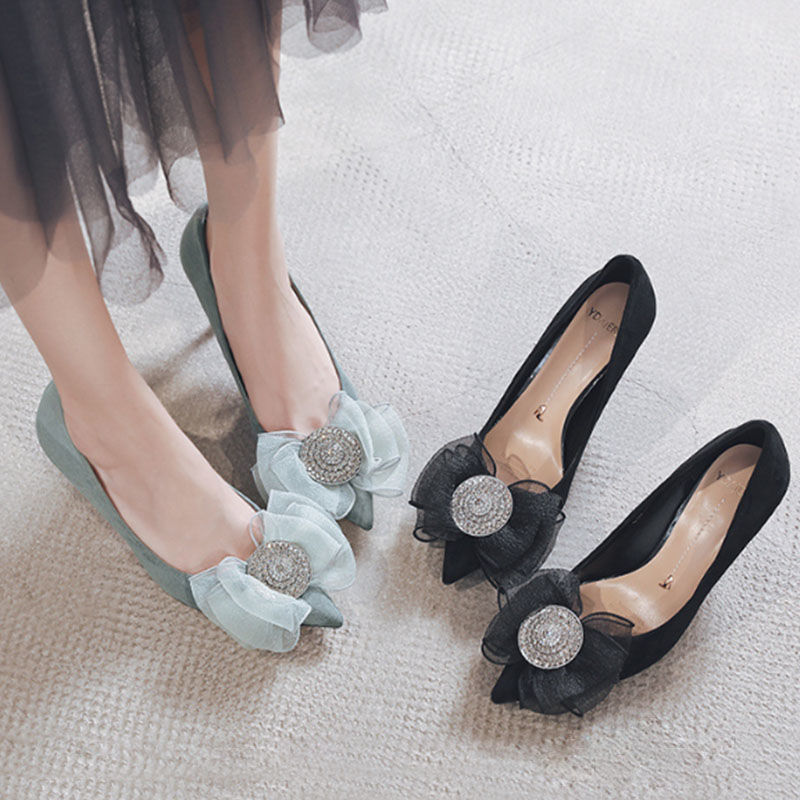 High-quality water drill fairy style single shoes spring new high heels Korean version of bow lady bridesmaid shoes OL