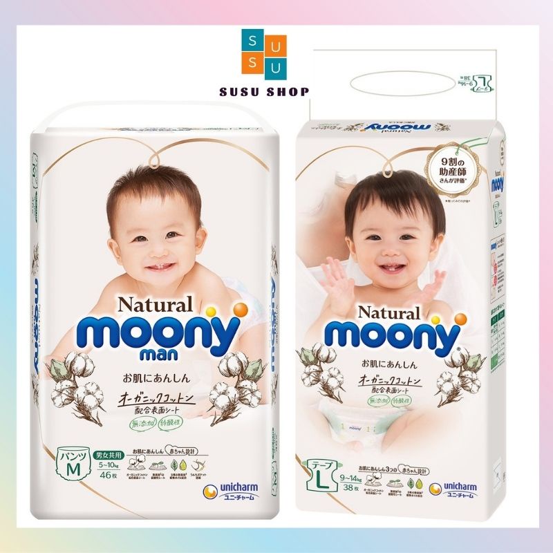 Bỉm Moony Natural Nội Địa Nhật dán/quần size NB63/S58/M46/L36/L38/XL32