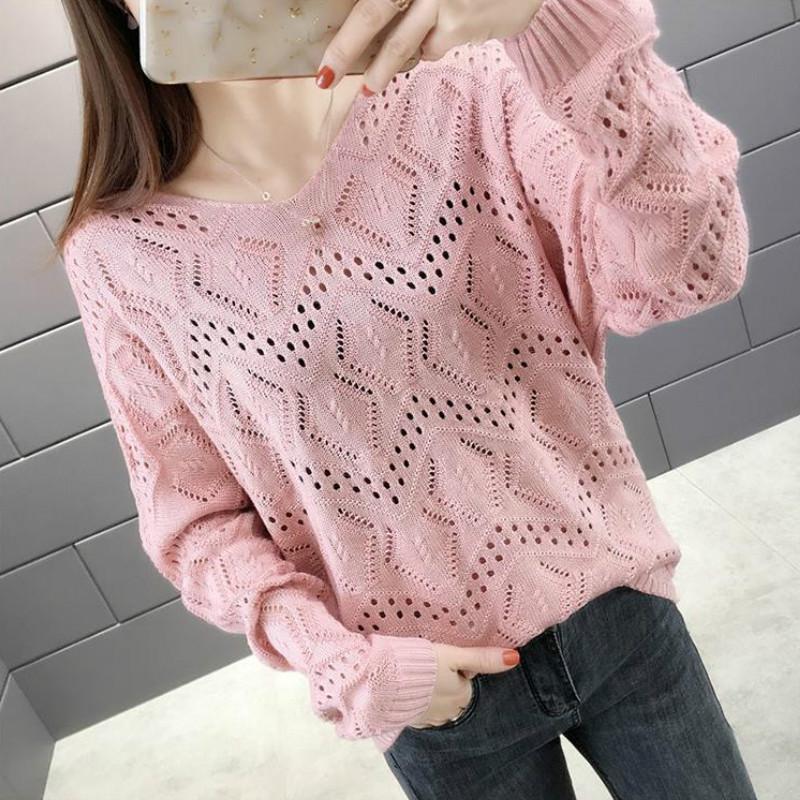 Áo sweater dệt kim cổ chữ V tay dài họa tiết cổ lỗ dáng rộng trơn màu