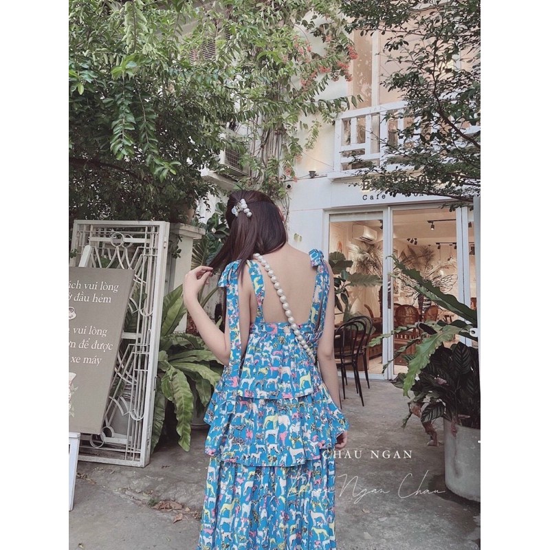 Đầm 2 dây tầng hoạ tiết sặc sỡ