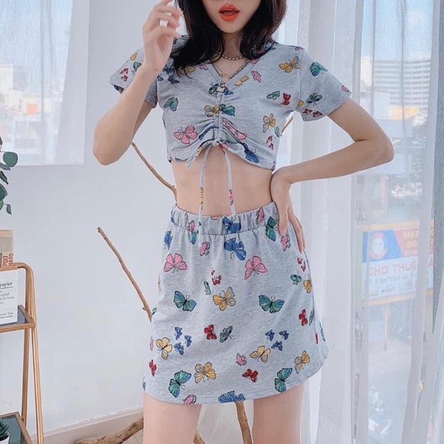 Set áo croptop rút dây + quần dài jogger Dáng rộng dây rút in hình bướm + váy hình bươm bướm Butterfly Skirt Pant