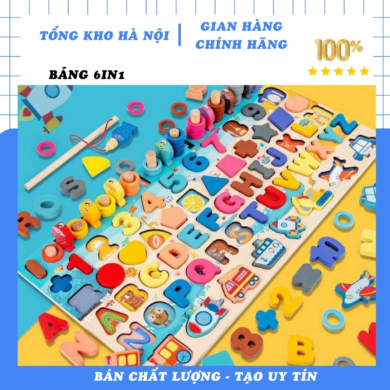 Bảng Ghép Gỗ Câu Cá 7in1, 6in1, 5in1 Tiếng Anh, Tiếng Việt Ghép Hình Học, Chữ Số, Chữ Cái, Thế Giới Xung Quanh Cho Bé