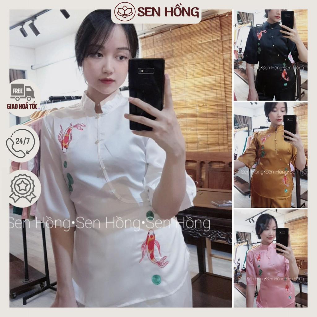 💅Đồ Lam Nữ Đi Chùa - Bộ Đi Lễ Chùa C1 Trang Nhã Thêu Cá Ngọc Xinh Xắn Dành Cho Phật Tử Vải Lụa Tằm mềm mại quần xẻ