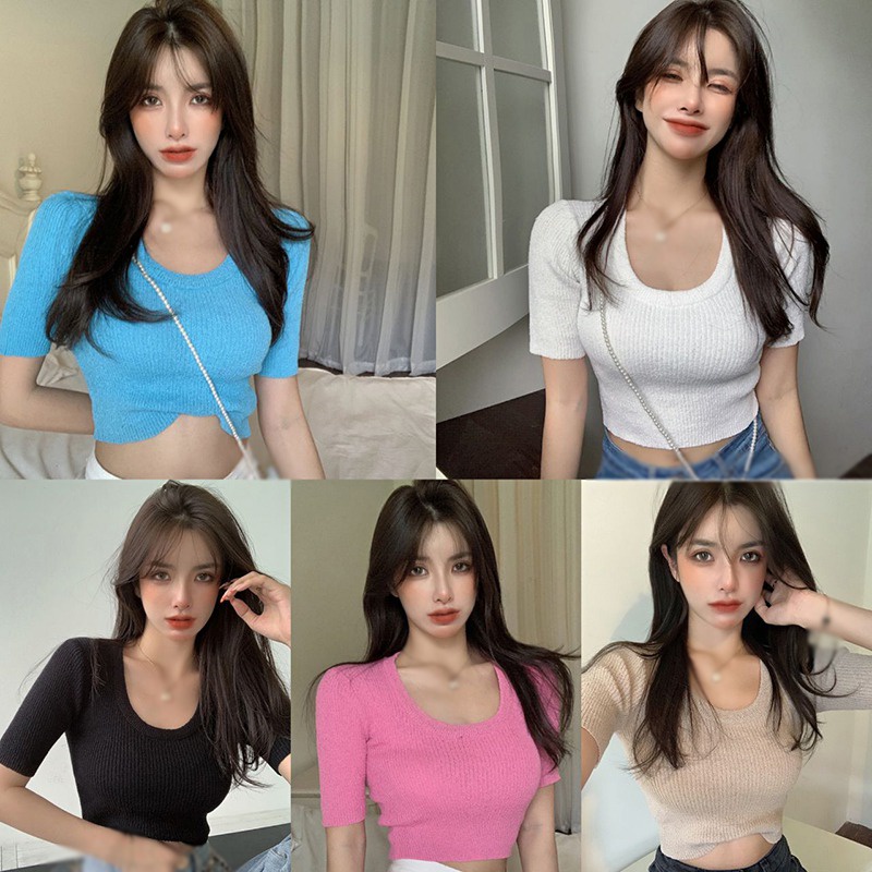 Áo Thun Dệt Kim Tay Ngắn Cổ Tròn Màu Sắc Trơn Phong Cách Hàn Quốc Dành Cho Nữ