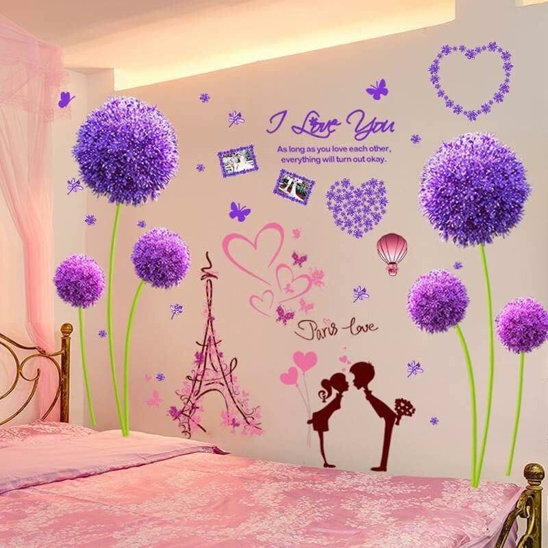 Decal dán tường phòng ngủ ⚡️𝐅𝐑𝐄𝐄 𝐒𝐇𝐈𝐏⚡️ Combo Decal Bộ đôi cẩm tú cầu tím tình nhân - PVC chống thấm nước, keo siêu dính